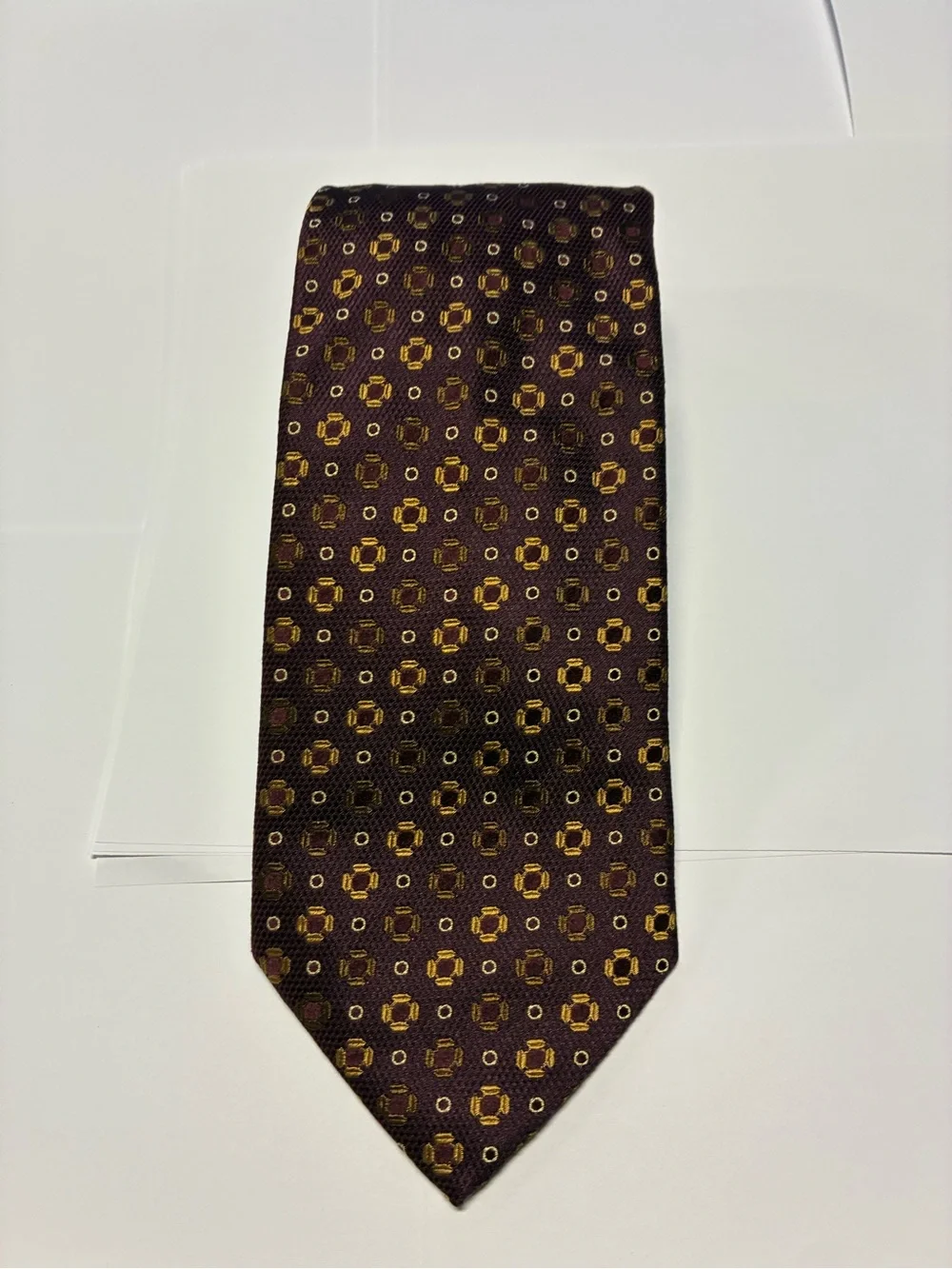 Canali Burgundy Tie with Gold Geometric Motif